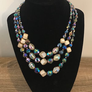 Made in Germany Vintage 3-Strand Iridescent Faceted Bead Necklace