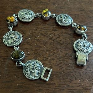 Vintage Sterling Silver Greek Alexander the Great Coins Replica and Amber Link Bracelet