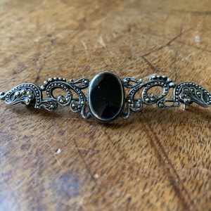 Vintage Victorian Marcasite and Onyx and Sterling Silver Brooch