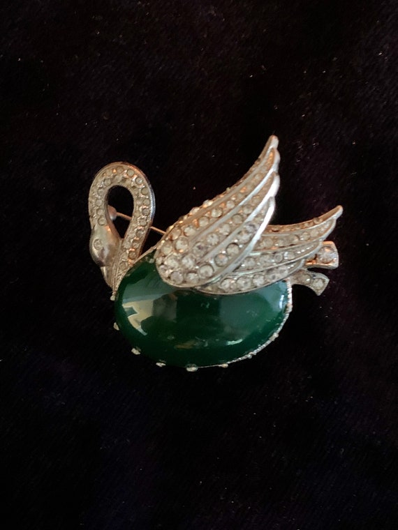 Vintage Silver and Paste Swan with Domed Green Ag… - image 1