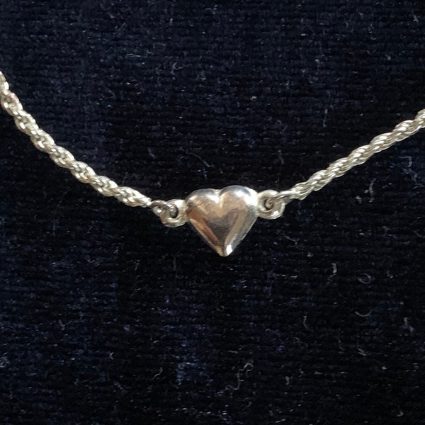 Vintage Sterling Silver Puffy Heart on Rope Chain 1980s