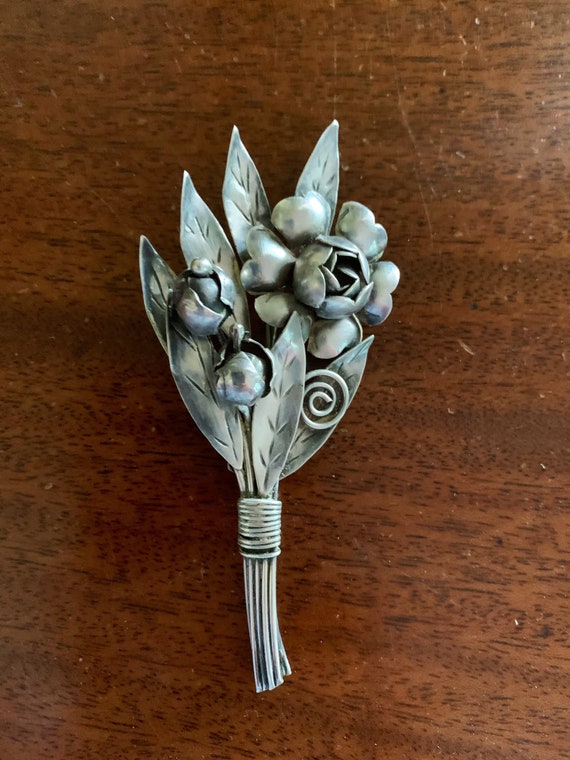 Victorian Sterling Silver Flower Bouquet Brooch/P… - image 5