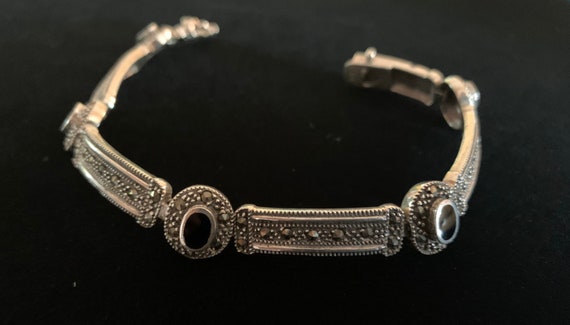 1920s Art Deco Style Onyx Sterling Link Bracelet - image 1