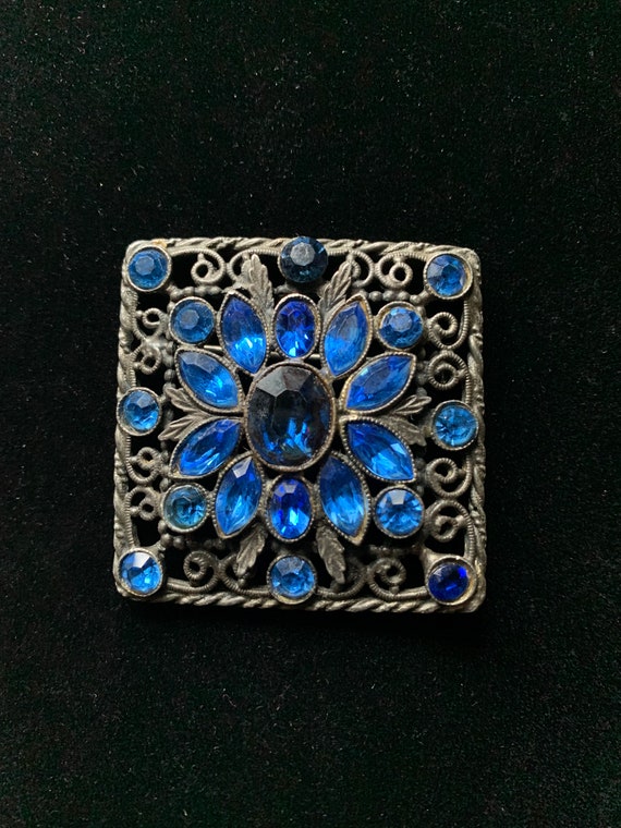 Vintage Royal Blue Rhinestone and Pewter Brooch 19