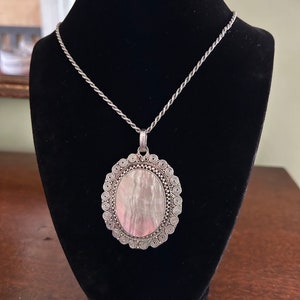 Vintage 1970s Sterling Silver and Mother of Pearl Pendant on Rope Chain