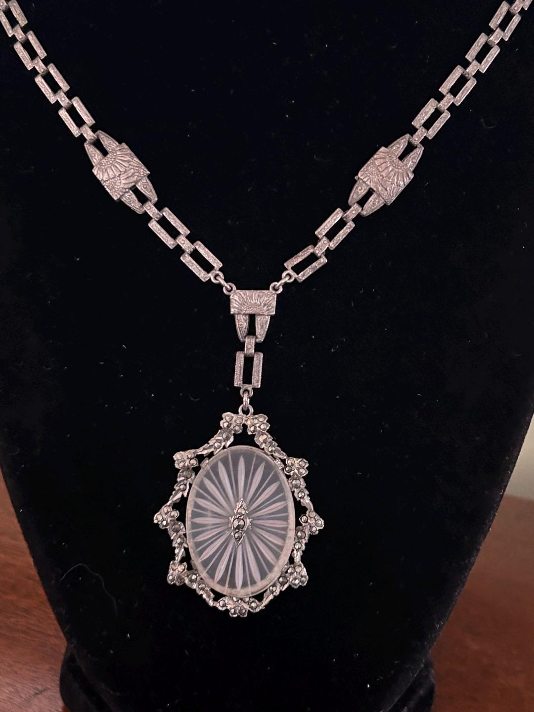 Antique Art Deco Sterling Silver Marcasite Camphor Glass Pendant ...