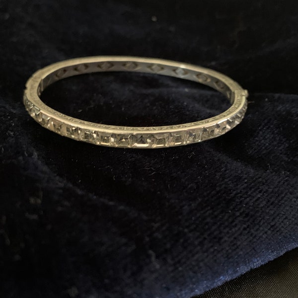 Vintage Sterling Silver and Crystal Hinged Bangle Bracelet 1920s