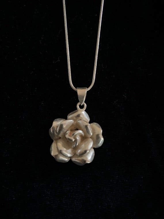 Vintage 1960s Sterling Silver Rose Necklace on Cha