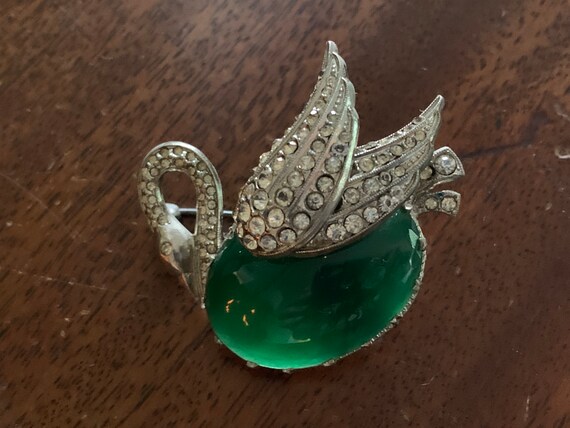 Vintage Silver and Paste Swan with Domed Green Ag… - image 3