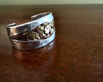 Modernistic Designer Lazaro G Sterling Silver and Brass Sculpted Cuff Bracelet 1980s