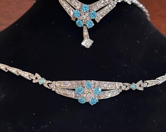 Vintage Baby Blaues Strass Halsband und Armband Set, Mid-Century