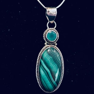 Vintage 1960s Green Malachite Pendant on Sterling Silver Chain