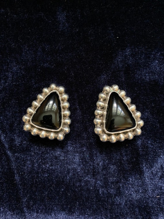 Vintage Sterling Silver And Onyx Clip-On Earrings 