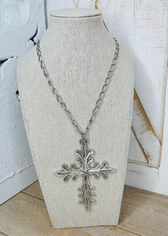 Vintage Silver Tone Cross Necklace, Antique Cross… - image 2