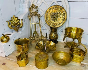 Vintage Brass Candlestick Holders, Ornate Easel, Warming Stand, Potpourri Container