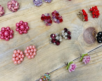 Vintage Costume Red Beaded Clip on Earrings, Vintage Pink Rhinestone Clip on Earrings, Vintage Earrings, Sold Separately