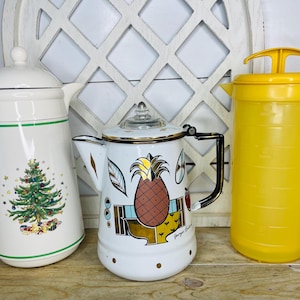 Vintage Christmas Tree Thermal Carafe, Georges Briard Pineapple Enamel Coffee Pot