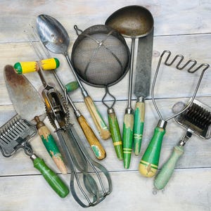 Vintage Green Wooden Handle Farmhouse Kitchen Utensils, Vintage Utensils, Vintage Potato Masher, Vintage Hand Mixer, Vintage Spatula