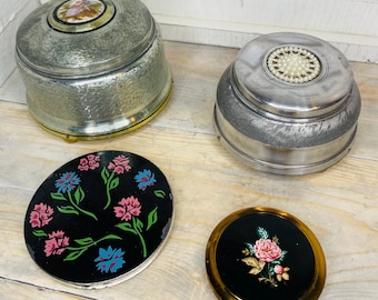 Vintage 1980s Mascot Powder Container, Vintage Powder Puff Holder, Vintage 1930s 1940s Metal Music Box, Vintage Powder Puff