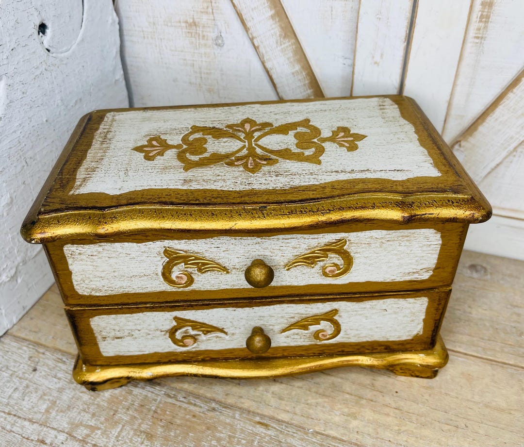 Vintage Wooden Gold and White Jewelry Box, Vintage Musical Jewelry Box