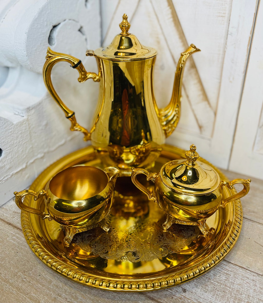 Vintage Gold International Silver Company 4 Piece Tea Set, Engraved