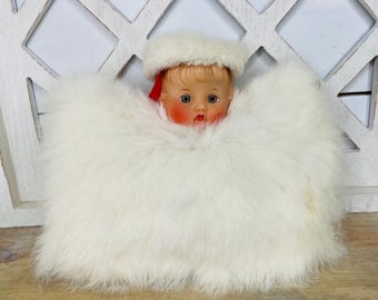 Vintage 1950s Childs Doll Head White Fur Christmas Holiday Child Hand Warmer Winter Muff, Old-Fashioned Hand Warmer
