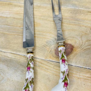 Vintage Sheffield England Floral Hand Painted Porcelain Fork & Knife Stainless Steel, Vintage Floral Wedding Cake Cutter Knife