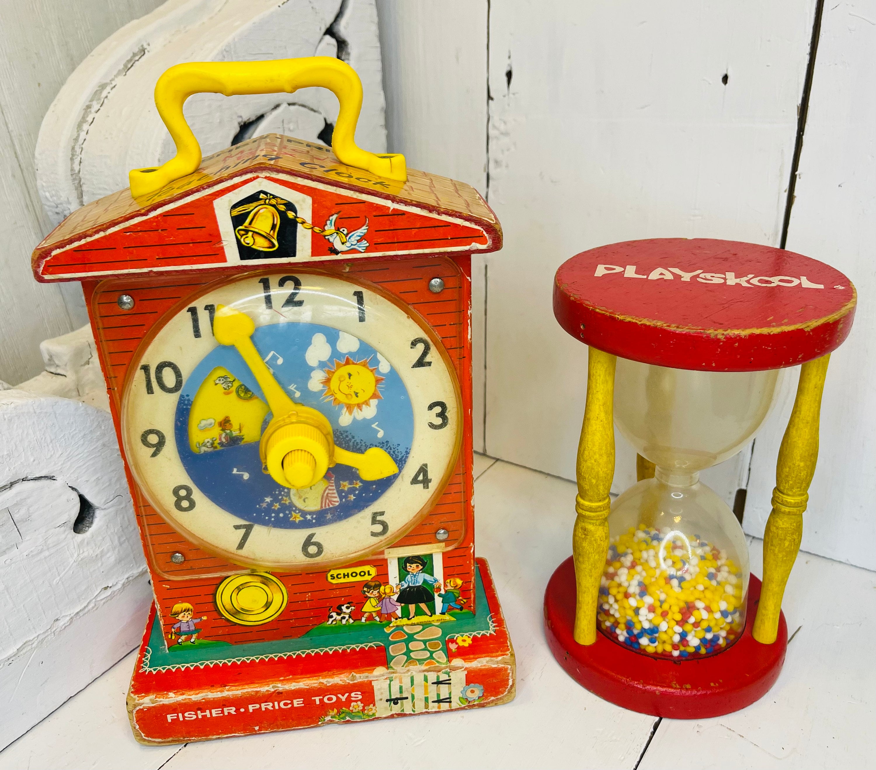 Vintage Playskool Timer Hourglass Toy, Vintage Fisher Price Musical Box  Teaching Clock 1964, 1970's Playskool Wooden Hour Glass