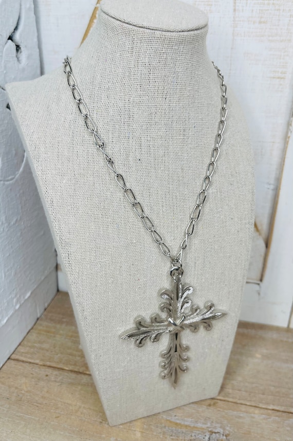 Vintage Silver Tone Cross Necklace, Antique Cross… - image 1