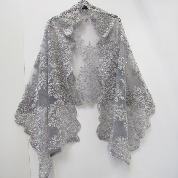 Silver gray heavily embroidered with gray glass beads net wrap scarf wedding party special occasion shawl shrug one size