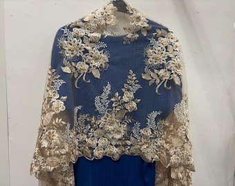 Gold shawl 3D flowers on gold and cream embroidered lace wrap scarf wedding party prom special occasion gold shawl gold shrug stole