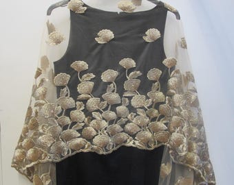 stunning antique Gold florals with gold sequins on embroidered lace net wrap scarf wedding party prom special occasion shawl shrug one size