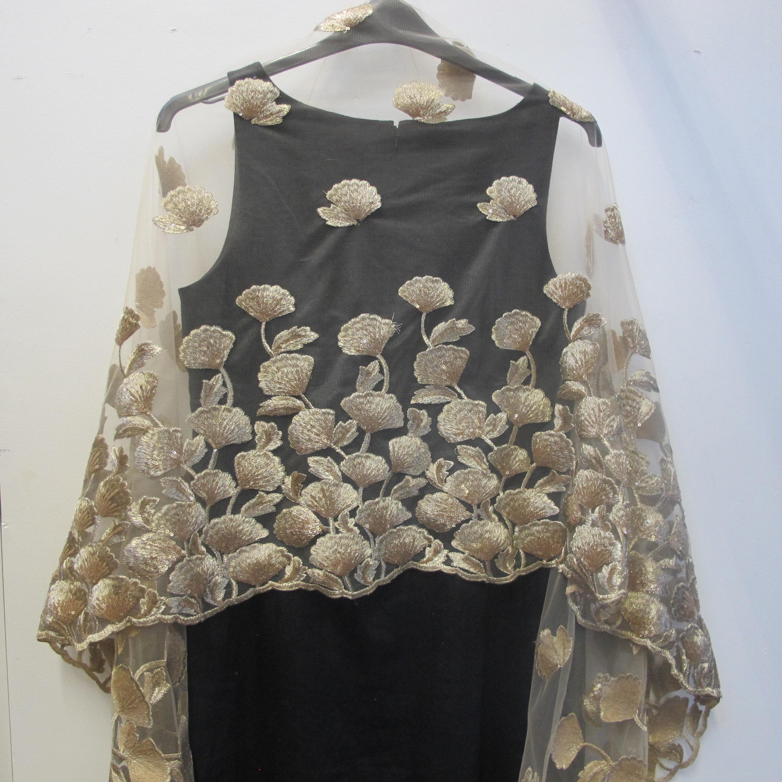 stunning antique Gold florals with gold sequins on embroidered lace net wrap scarf wedding party prom special occasion shawl shrug one size