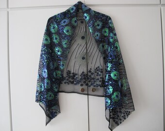 Black/green & blue sequins lace net wrap scarf wedding party special occasion shawl shrug one size