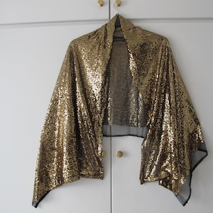 Gold sequins on black net wrap scarf wedding party prom special occasion shawl shrug one size