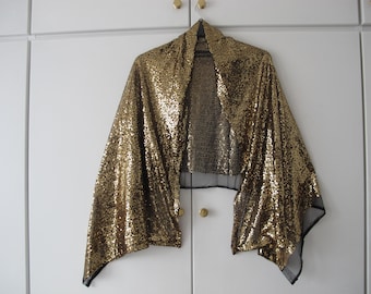 Gold sequins on black net wrap scarf wedding party prom special occasion shawl shrug one size