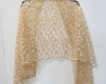 Gold small floral gold sequins on embroidered lace net wrap scarf wedding party prom special occasion shawl shrug stole one size