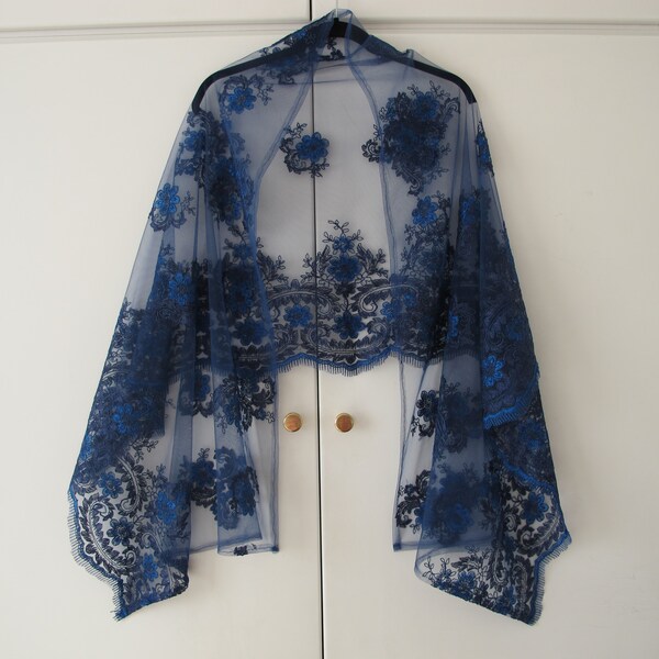 Blue embroidered lace net wrap scarf wedding party special occasion shawl shrug one size