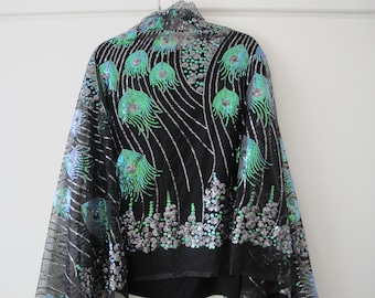 Black/green silver sequins peacock design lace net wrap scarf wedding party special occasion shawl shrug one size