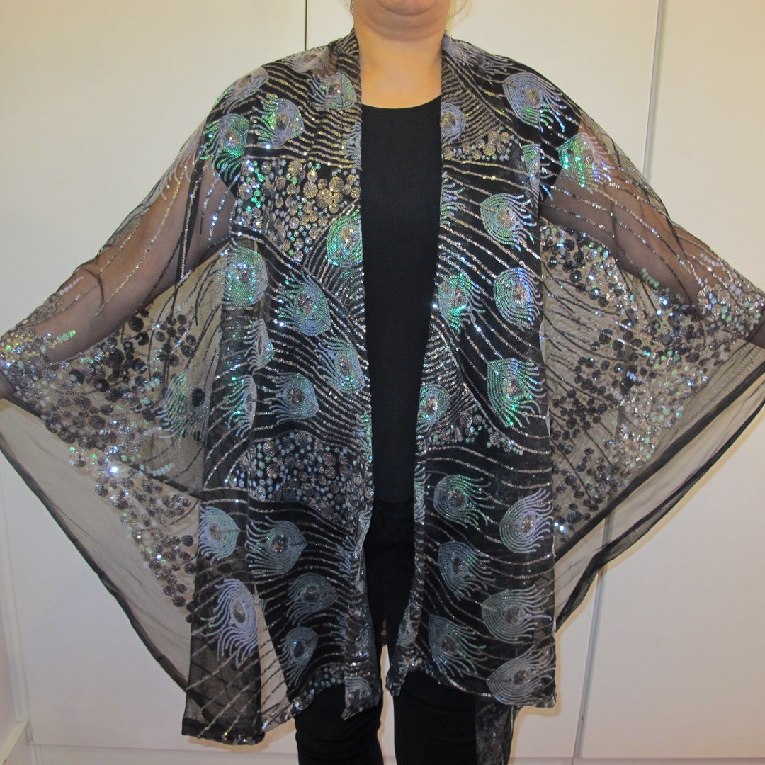 Hand Embroidered Boho Dress Peacock Green/ White/silver sequinchiffon shawl Block Print main image 0