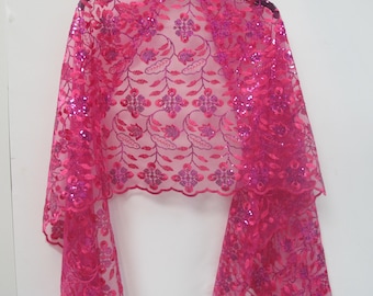 Hot pink floral pattern sequins wrap scarf pashmina wedding party special occasion shawl shrug one size