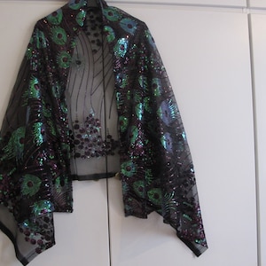 Black/green wine colour sequins peacock design lace net wrap scarf wedding party special occasion shawl shrug one size