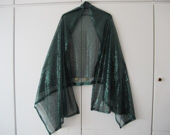 Dark green sequins on green net wrap scarf wedding party prom special occasion shawl shrug one size