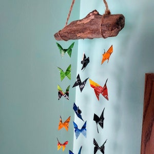 Hand-folded Origami Butterfly Mobile - Upcycled Tea Bag Wrappers