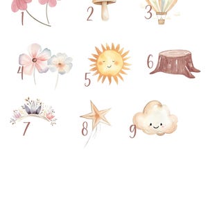 May include: Nine watercolor illustrations of various nature-themed objects, including flowers, a mushroom, a hot air balloon, a sun, a tree stump, a floral crown, a star, and a cloud. Each illustration is numbered 1 through 9.