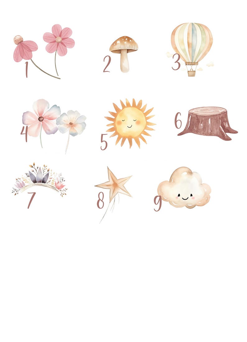 May include: Nine watercolor illustrations of various nature-themed objects, including flowers, a mushroom, a hot air balloon, a sun, a tree stump, a floral crown, a star, and a cloud. Each illustration is numbered 1 through 9.