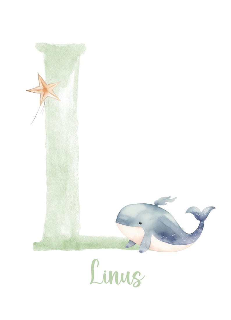 May include: A watercolor illustration of the letter L in green with a small orange star above it. A blue whale with a white belly is swimming below the letter. The name Linus is written in green below the whale.