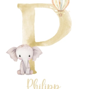 May include: A watercolor illustration of the letter P in a light brown color with a small elephant sitting in front of it. A hot air balloon is floating above the letter. The name Philipp is written below the letter.