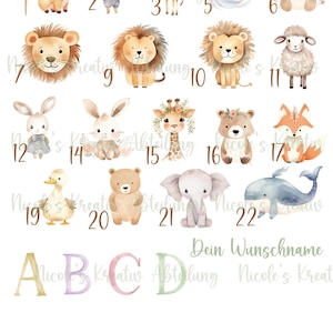 May include: A set of 22 watercolor animal illustrations, numbered 1 through 22. The animals include a fox, bunny, giraffe, unicorn, bear, lion, sheep, duck, bear, elephant, whale, and more. The illustrations are surrounded by a white background with the letters A, B, C, and D in pastel colors.