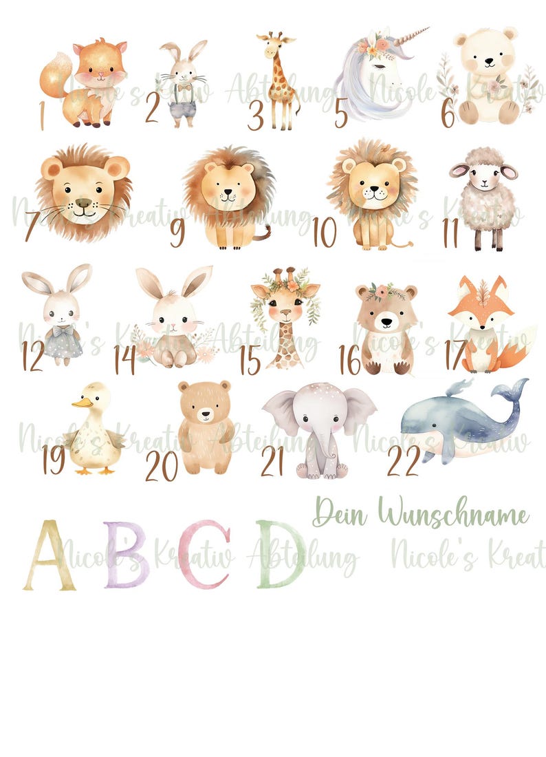 May include: A set of 22 watercolor animal illustrations, numbered 1 through 22. The animals include a fox, bunny, giraffe, unicorn, bear, lion, sheep, duck, bear, elephant, whale, and more. The illustrations are surrounded by a white background with the letters A, B, C, and D in pastel colors.